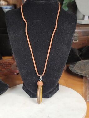 paparazzi Orange Suede Necklace with Amber-Toned Crystal Pendant